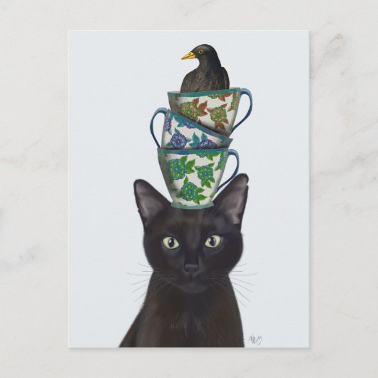 Zwarte Kat met Teacups en Blackbird Briefkaart (Voorkant)