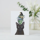 Zwarte Kat met Teacups en Blackbird Briefkaart (Staand voorkant)
