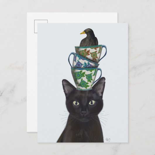 Zwarte Kat met Teacups en Blackbird Briefkaart (Voorkant / Achterkant)