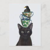 Zwarte Kat met Teacups en Blackbird Briefkaart (Voorkant)