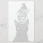 Zwarte Kat met Teacups en Blackbird Briefpapier (Voorkant)