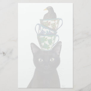 Zwarte Kat met Teacups en Blackbird Briefpapier