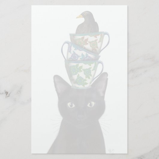 Zwarte Kat met Teacups en Blackbird Briefpapier (Voorkant)
