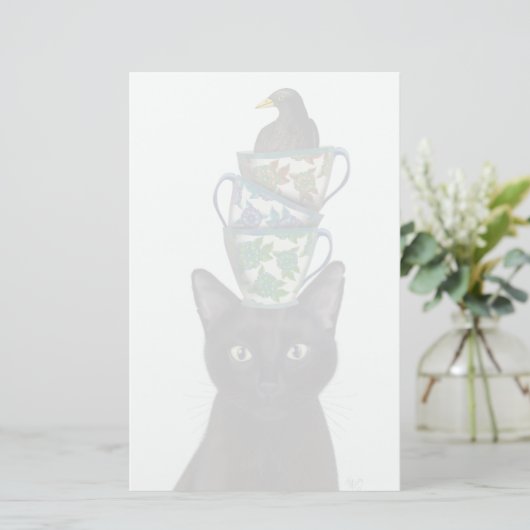 Zwarte Kat met Teacups en Blackbird Briefpapier (Staand voorkant)