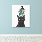 Zwarte Kat met Teacups en Blackbird Canvas Afdruk (Insitu (Houten vloer))