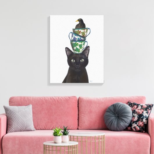 Zwarte Kat met Teacups en Blackbird Canvas Afdruk (Insitu (Woonkamer))