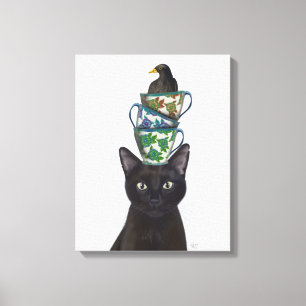 Zwarte Kat met Teacups en Blackbird Canvas Afdruk