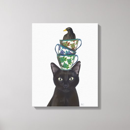 Zwarte Kat met Teacups en Blackbird Canvas Afdruk (Voorkant)
