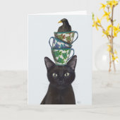 Zwarte Kat met Teacups en Blackbird Kaart (Gele Bloem)