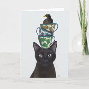 Zwarte Kat met Teacups en Blackbird Kaart