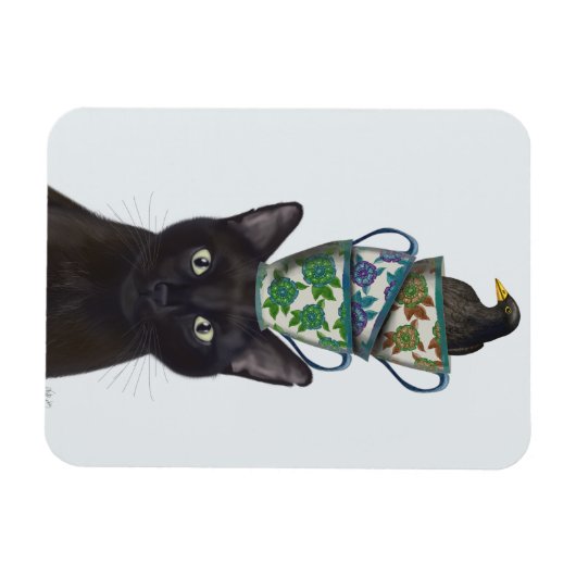 Zwarte Kat met Teacups en Blackbird Magneet (Horizontaal)