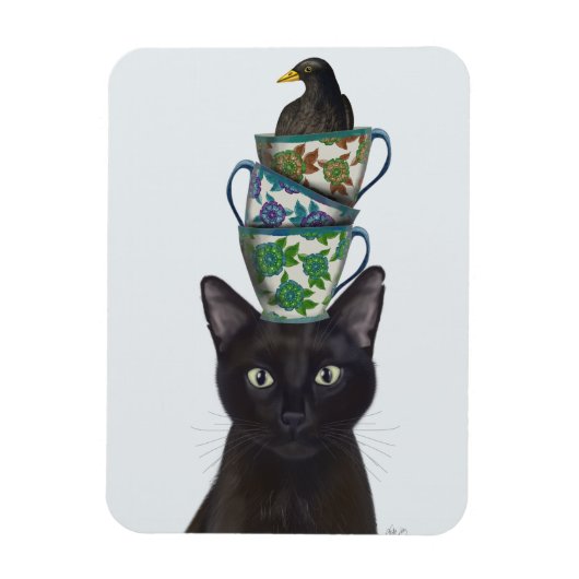 Zwarte Kat met Teacups en Blackbird Magneet (Verticaal)