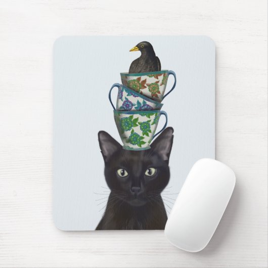 Zwarte Kat met Teacups en Blackbird Muismat (Met muis)