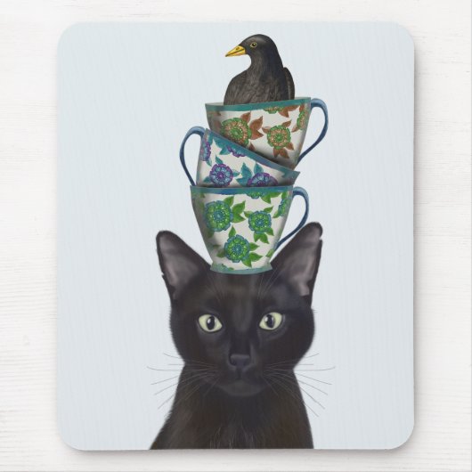 Zwarte Kat met Teacups en Blackbird Muismat (Voorkant)