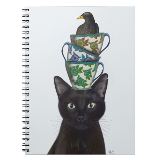 Zwarte Kat met Teacups en Blackbird Notitieboek (Voorkant)