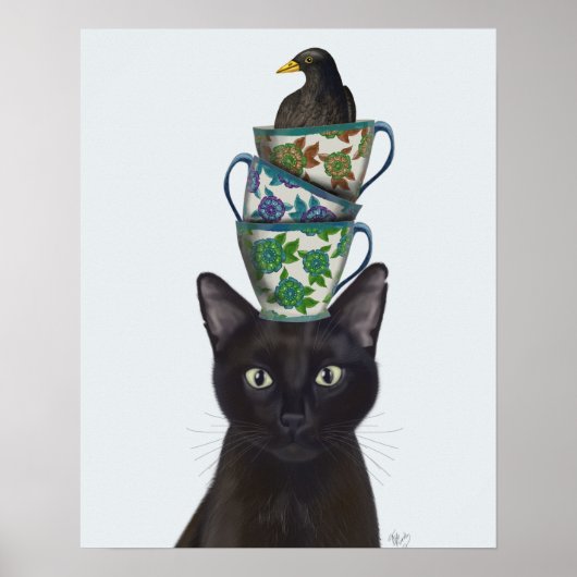 Zwarte Kat met Teacups en Blackbird Poster (Voorkant)