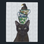 Zwarte Kat met Teacups en Blackbird Puzzel<br><div class="desc">Zwarte Kat met Teacups en Blackbird door FabFunky. Hij heeft een zwarte kat met gestapelde teacups en een zwarte vogel op zijn hoofd. | 191546D</div>