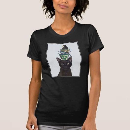 Zwarte Kat met Teacups en Blackbird T-shirt (Voorkant)