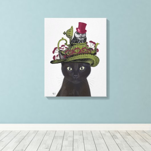 Zwarte Kat met theepot en kippen 2 Canvas Afdruk (Insitu (Houten vloer))