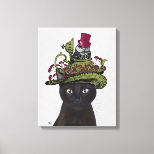 Zwarte Kat met theepot en kippen 2 Canvas Afdruk (Voorkant)