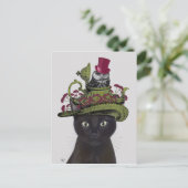 Zwarte kat met theepot en kippen briefkaart (Staand voorkant)