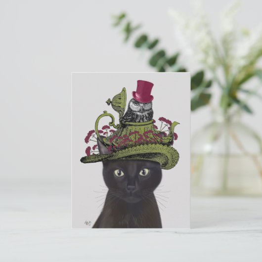 Zwarte kat met theepot en kippen briefkaart (Staand voorkant)