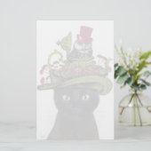 Zwarte kat met theepot en kippen briefpapier (Staand voorkant)