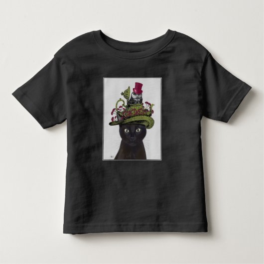 Zwarte kat met theepot en kippen kinder shirts (Voorkant)