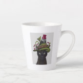 Zwarte kat met theepot en kippen latte mok (Rechts)