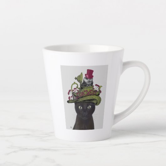 Zwarte kat met theepot en kippen latte mok (Rechts)