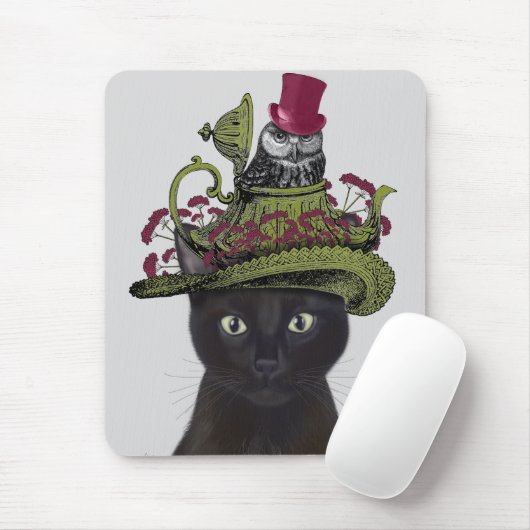 Zwarte kat met theepot en kippen muismat (Met muis)