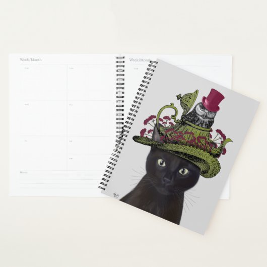 Zwarte kat met theepot en kippen planner (Display)