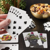 Zwarte kat met theepot en kippen pokerkaarten (Insitu)