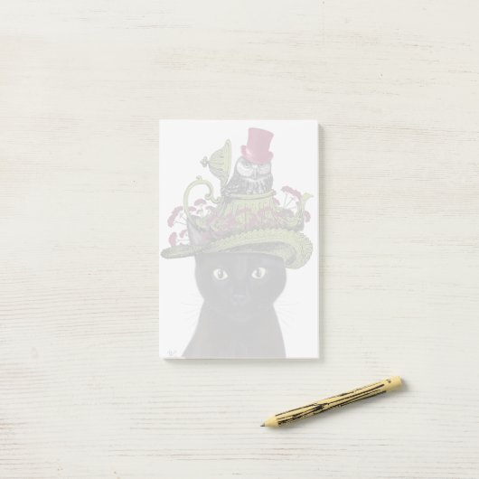 Zwarte kat met theepot en kippen post-it® notes (Op bureau)