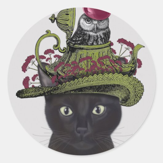 Zwarte kat met theepot en kippen ronde sticker (Voorkant)