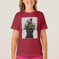 Zwarte kat met theepot en kippen