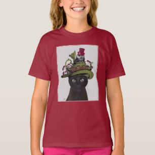 Zwarte kat met theepot en kippen t-shirt