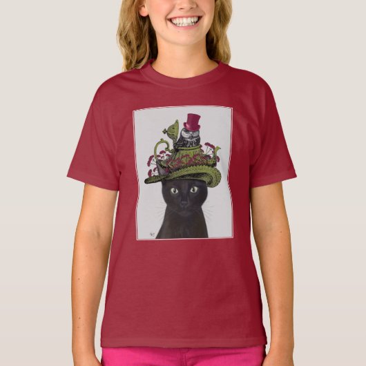 Zwarte kat met theepot en kippen t-shirt (Voorkant)