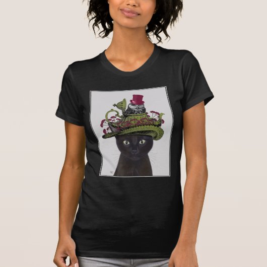 Zwarte kat met theepot en kippen t-shirt (Voorkant)