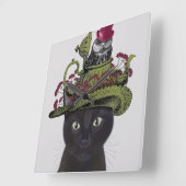 Zwarte kat met theepot en kippen vierkante klok (Hoek)