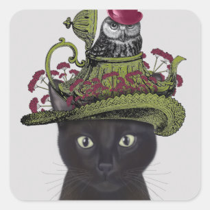 Zwarte kat met theepot en kippen vierkante sticker