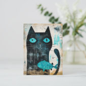 Zwarte kat met turkooizen ogen en vis briefkaart (Staand voorkant)
