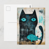 Zwarte kat met turkooizen ogen en vis briefkaart (Voorkant / Achterkant)