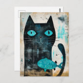 Zwarte kat met turquoise ogen en vis briefkaart (Voorkant / Achterkant)