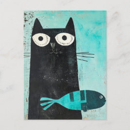 Zwarte kat met turquoise vis briefkaart