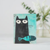 Zwarte kat met turquoise vis briefkaart (Staand voorkant)