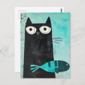 Zwarte kat met turquoise vis briefkaart (Voorkant / Achterkant)
