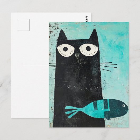 Zwarte kat met turquoise vis briefkaart (Voorkant / Achterkant)
