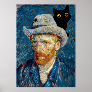 Zwarte kat met Van Gogh Portret Poster