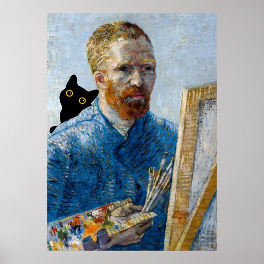 Zwarte kat met Van Gogh Portret Poster (Voorkant)